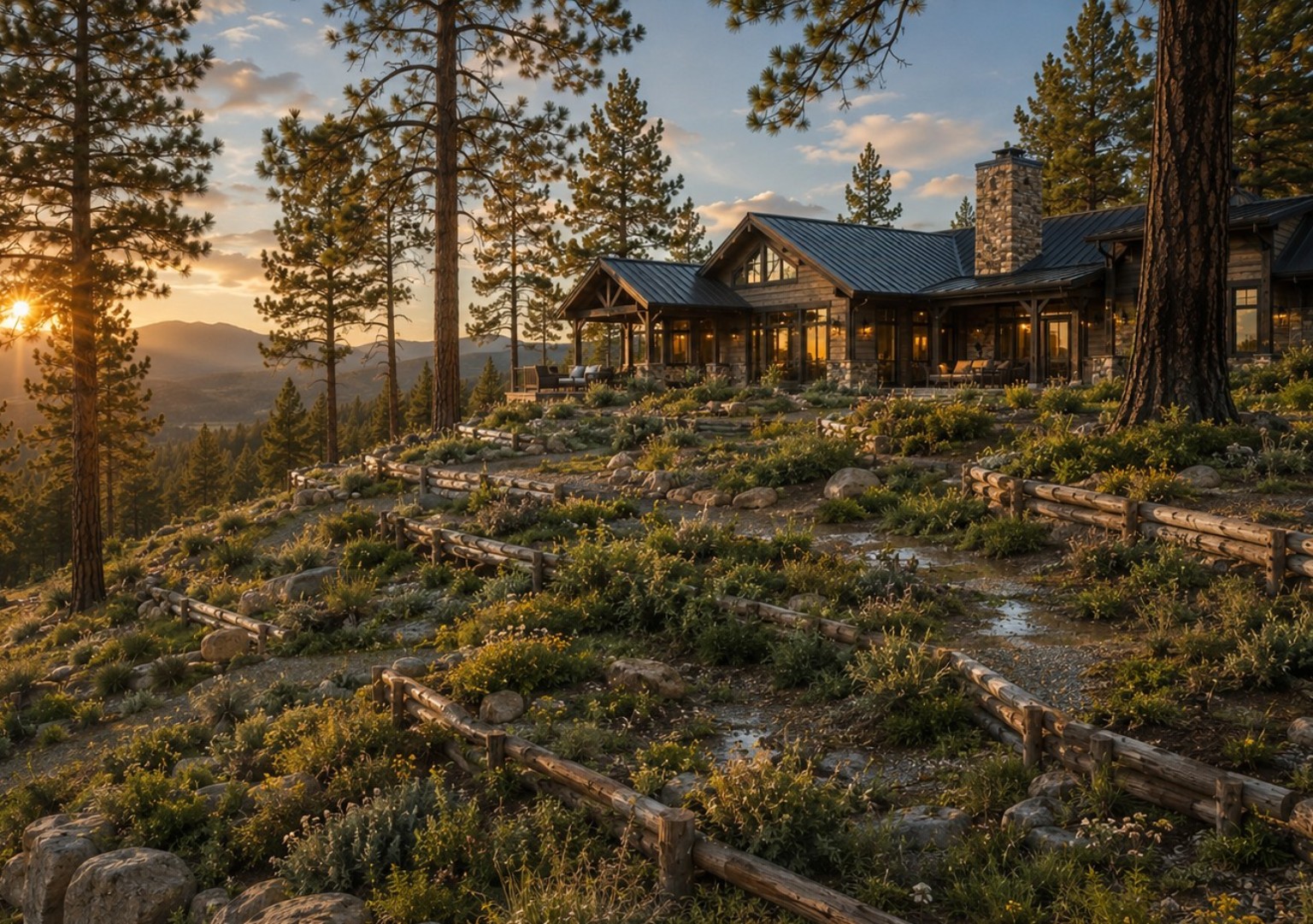 High-value mountain home integrated into a managed ponderosa pine landscape
