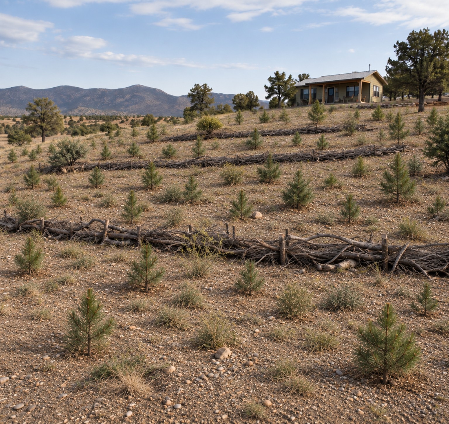 Young ponderosa pines established across an open property
