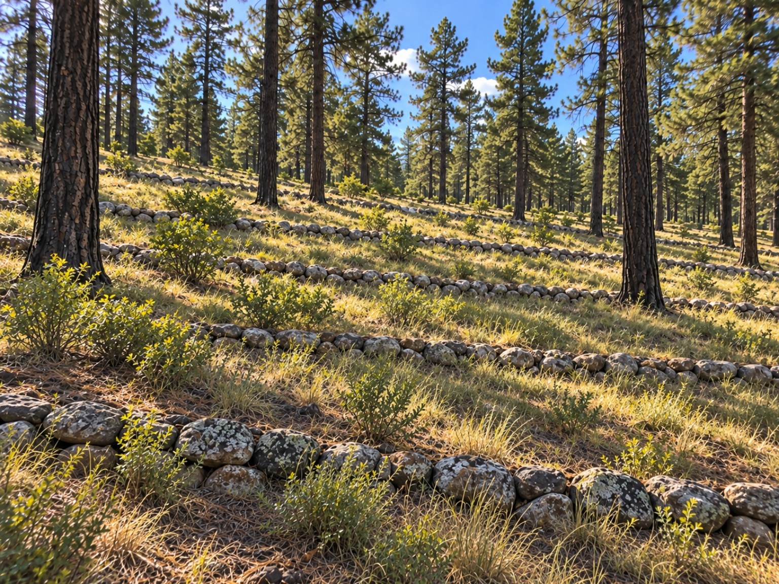 Single-layer rock contour lines across an open forest slope