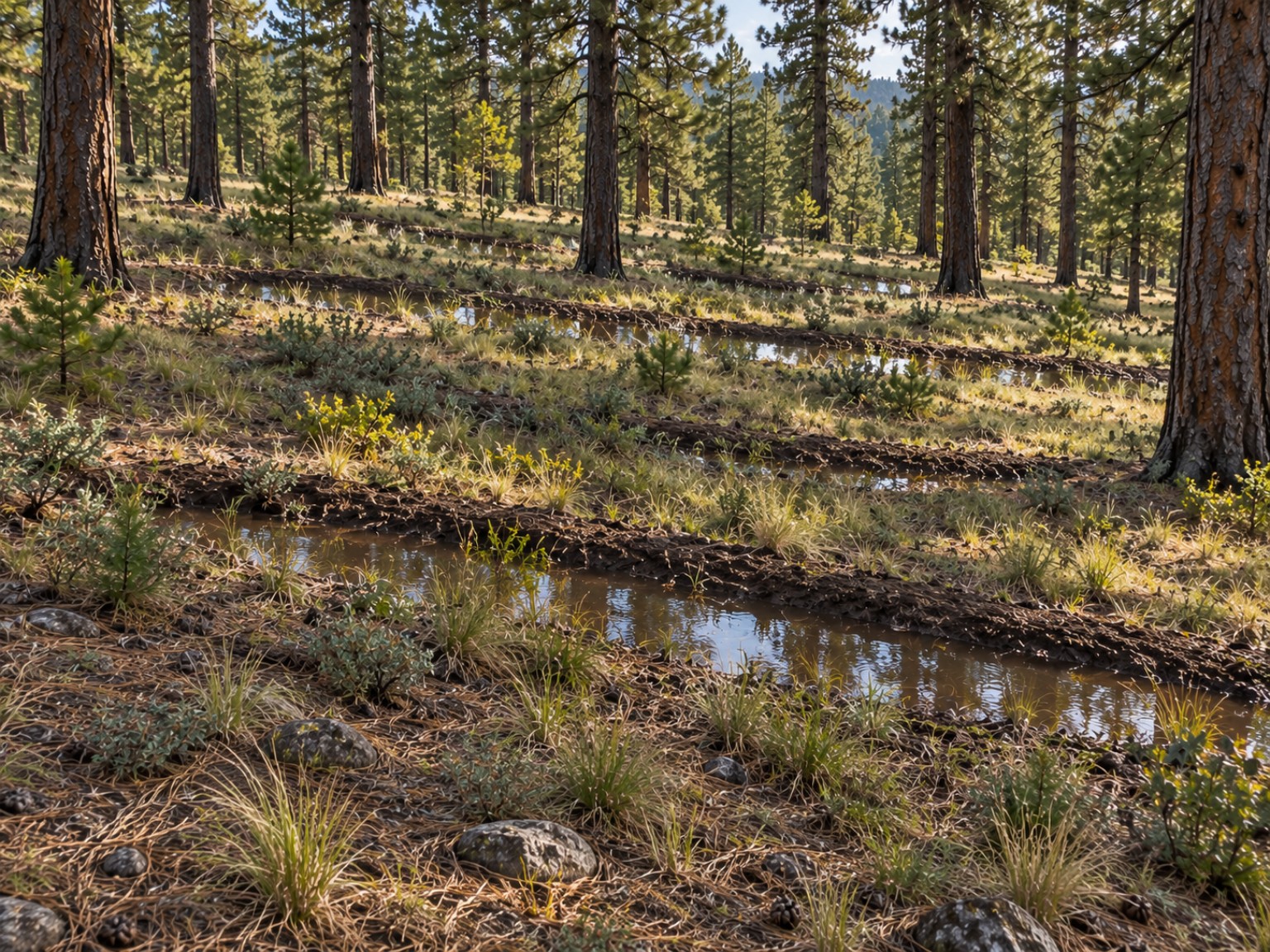 Shallow swales holding rainwater across a ponderosa forest slope