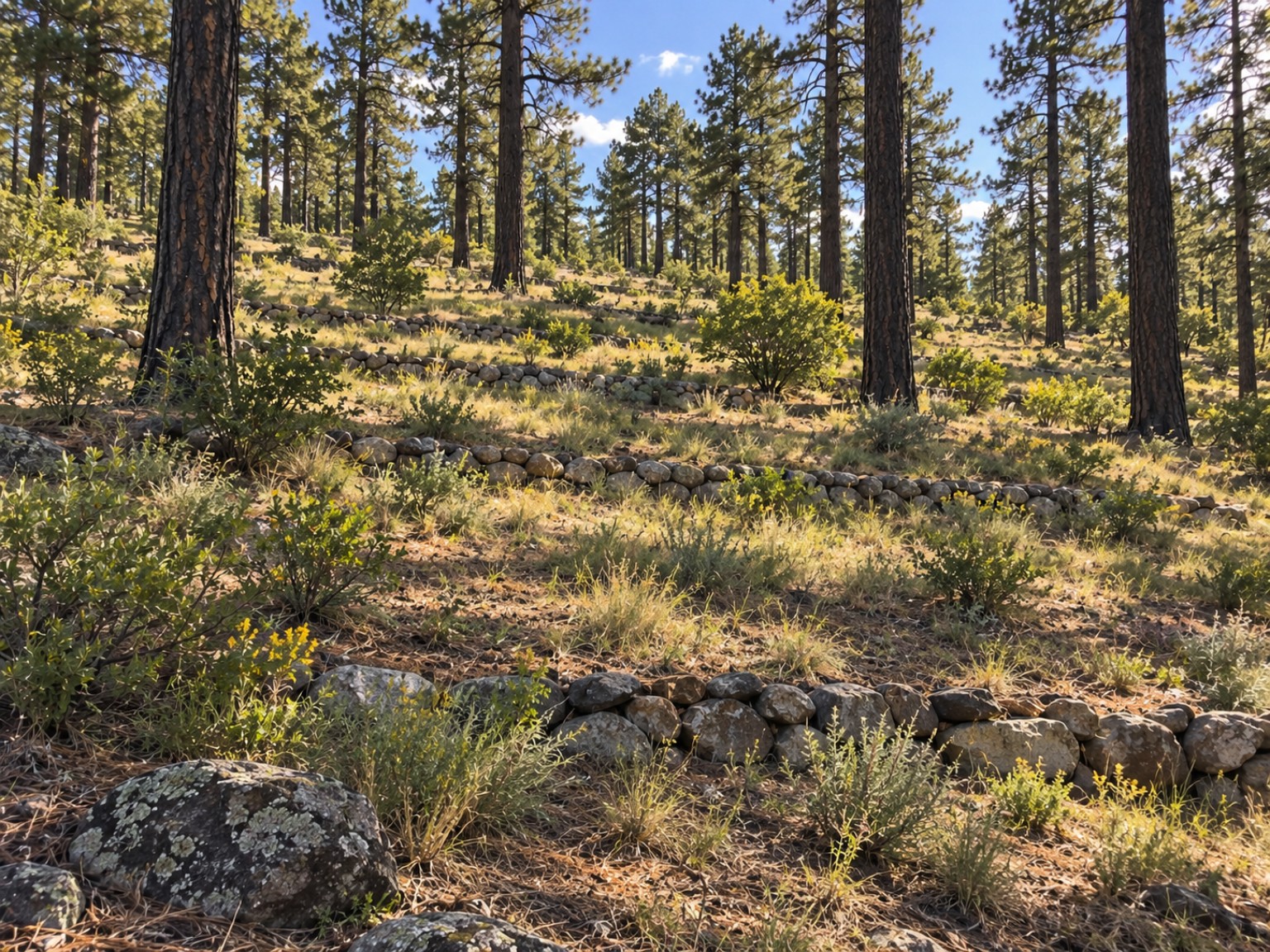 Open ponderosa stand with wide spacing and a subtle rock line on contour